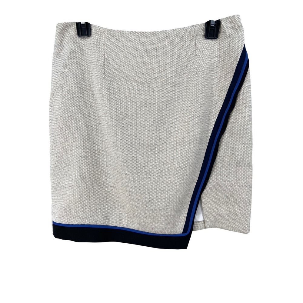 White House Black Market Skirt 8P Petite Wrap Beige Blue Black Stripe Accent